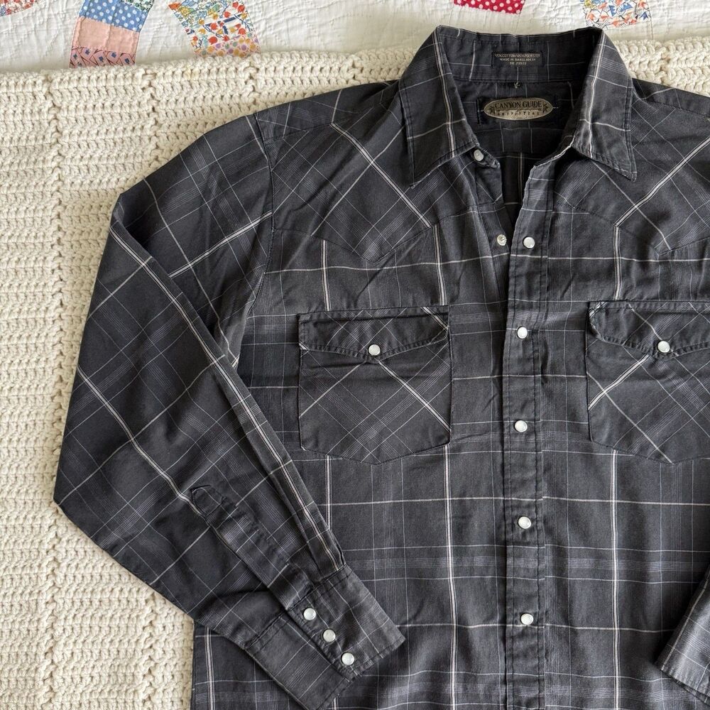 Canyon Guide Men’s Size L Black Gray Plaid Pearl Snap Shirt Western Cowboy Rodeo